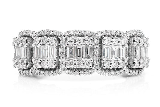 INEL CU BAGHETĂ ȘI PIETRE ROTUNDE CU 5 DIAMANTE HALO, AUR MASIV DE 14K, 0.70CTW