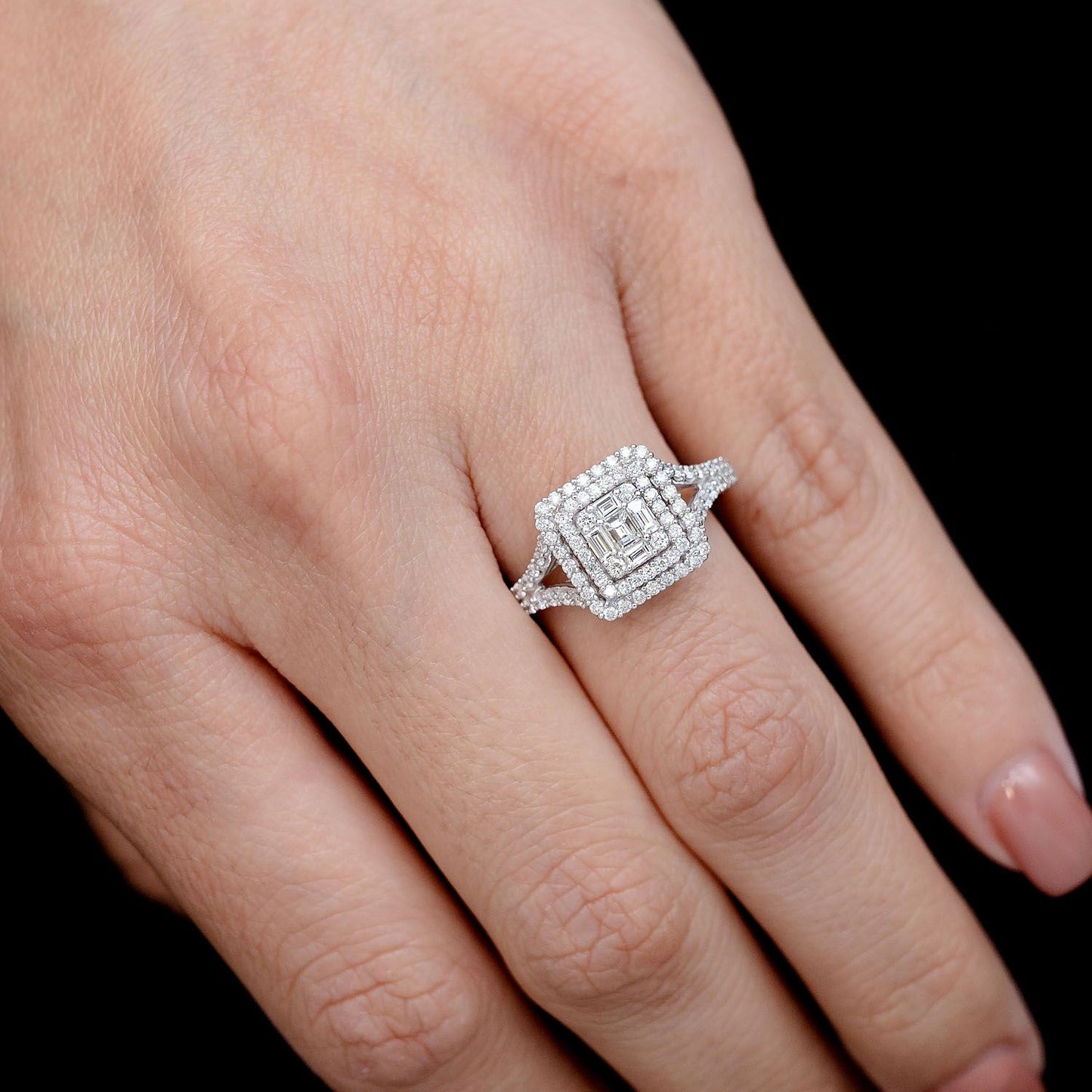 DOUBLE HALO SPLIT SHANK DIAMOND RING 14K SOLID GOLD 0.75CTW