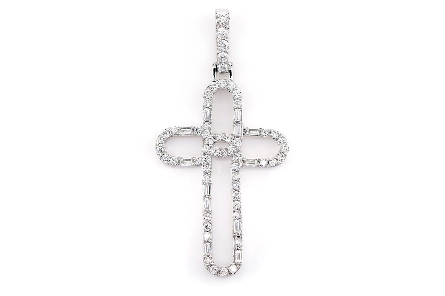 OPEN BAGUETTE AND ROUND DIAMOND TRINITY CROSS PENDANT 14K SOLID GOLD 0.38CTW