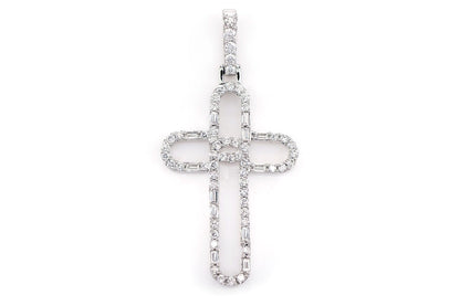 OPEN BAGUETTE AND ROUND DIAMOND TRINITY CROSS PENDANT 14K SOLID GOLD 0.38CTW