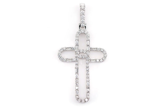 OPEN BAGUETTE AND ROUND DIAMOND TRINITY CROSS PENDANT 14K SOLID GOLD 0.38CTW