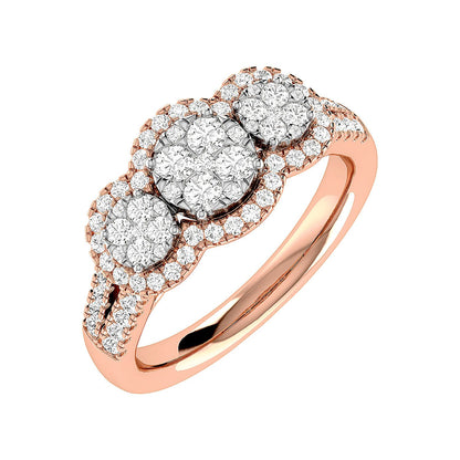 3 STONE CLUSTER SPLIT SHANK DIAMOND ENGAGEMENT RING 0.85CTW - 14K SOLID GOLD