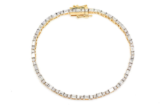 BAGUETTE AND ROUND DIAMOND TENNIS BRACELET 14K SOLID GOLD 3.50CTW