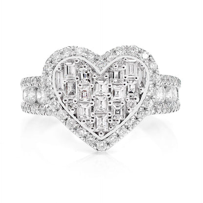 TWO LAYER BAGUETTE AND ROUND DIAMOND HEART RING 14K SOLID GOLD 1.70CTW