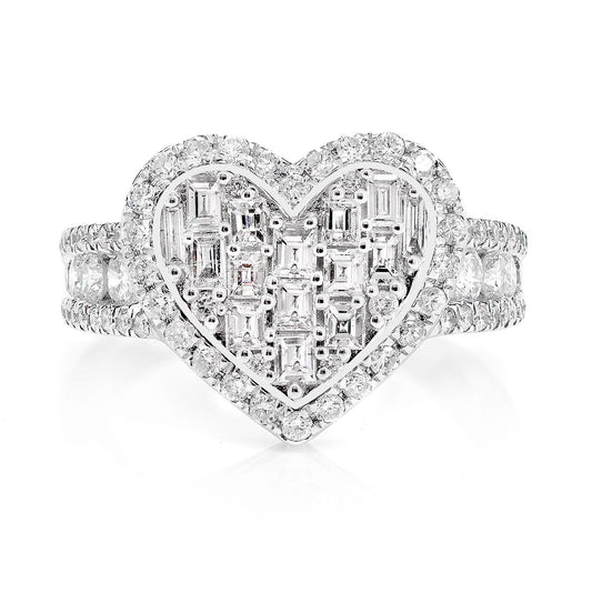 TWO LAYER BAGUETTE AND ROUND DIAMOND HEART RING 14K SOLID GOLD 1.70CTW