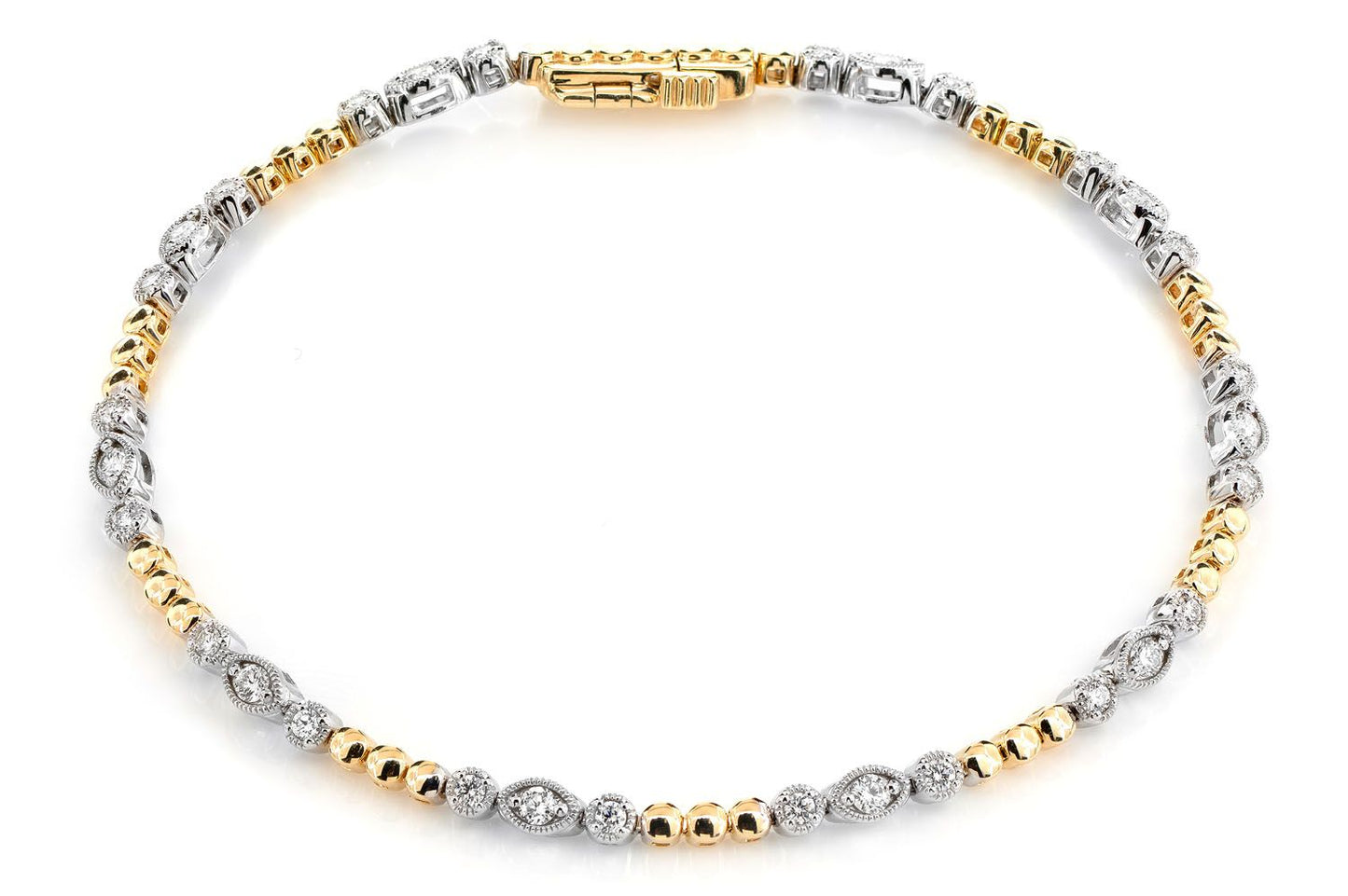 OVAL AND ROUND DIAMOND BEAD BEZEL LINK BRACELET 14K SOLID GOLD 0.66CTW