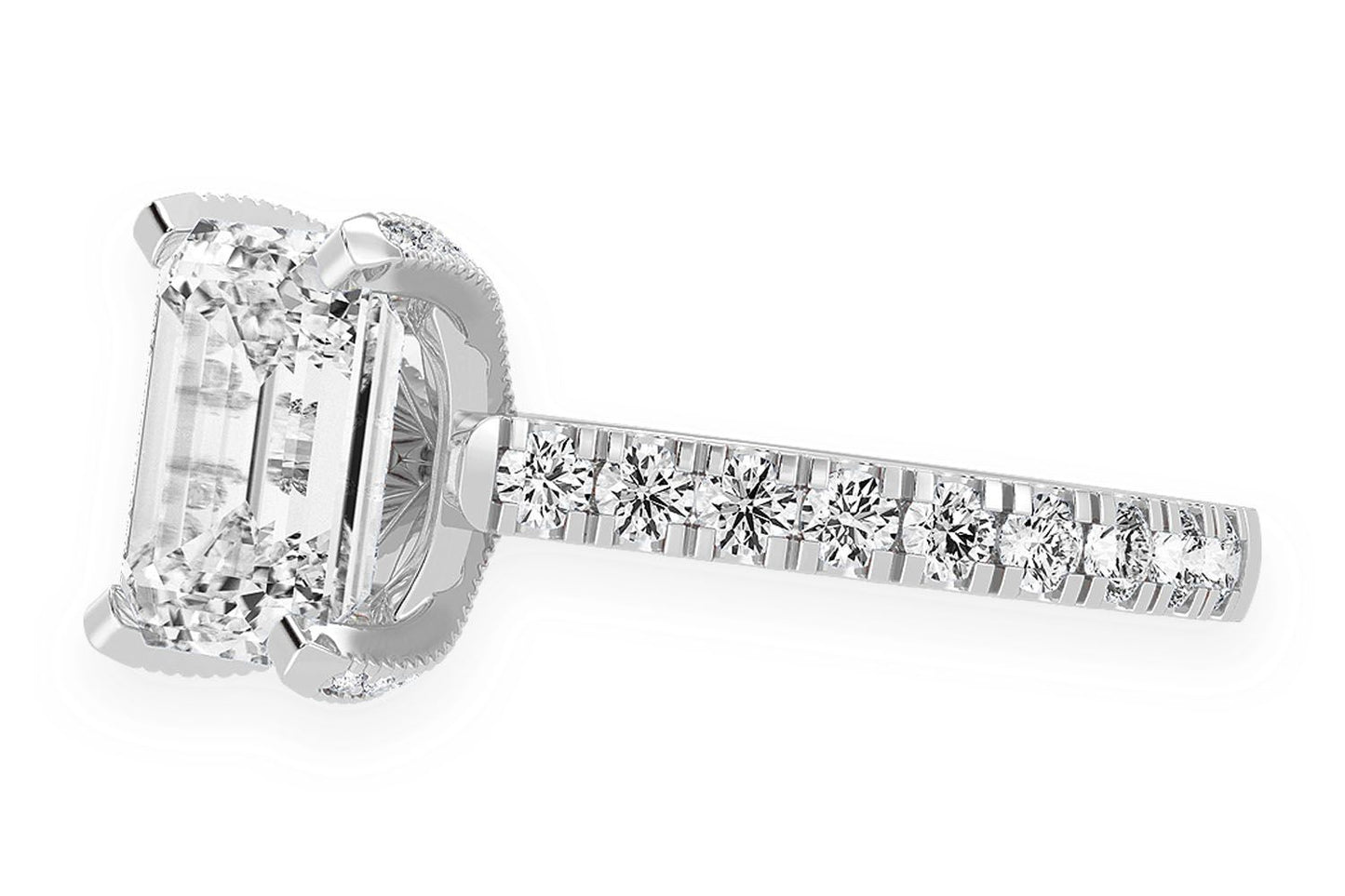 3.00CT EMERALD SOLITAIRE - SINGLE ROW SCALLOP - DIAMOND ENGAGEMENT RING