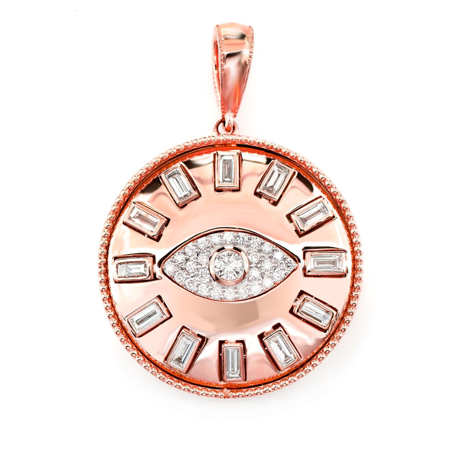 EVIN EYE BAGUETTE DIAMOND MEDALLION PENDANT 14K SOLID GOLD 0.80CTW