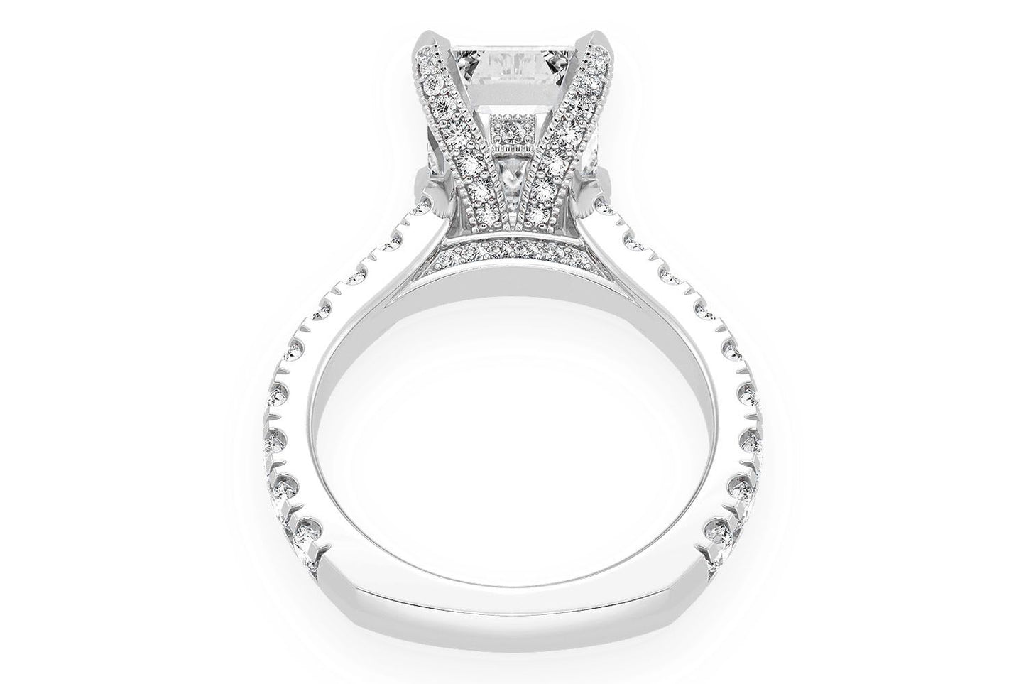 3.00CT EMERALD SOLITAIRE - SINGLE ROW SCALLOP - DIAMOND ENGAGEMENT RING