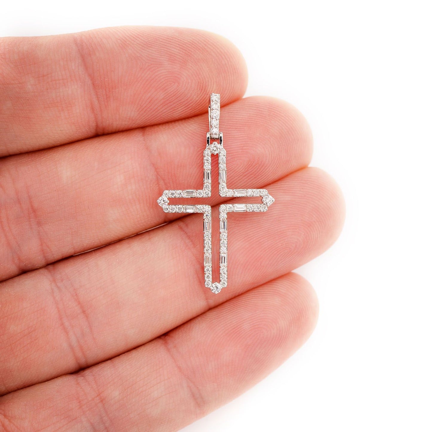 FOUR POINT ROUND AND BAGUETTE DIAMOND OPEN CROSS PENDANT 14K SOLID GOLD 0.50CTW