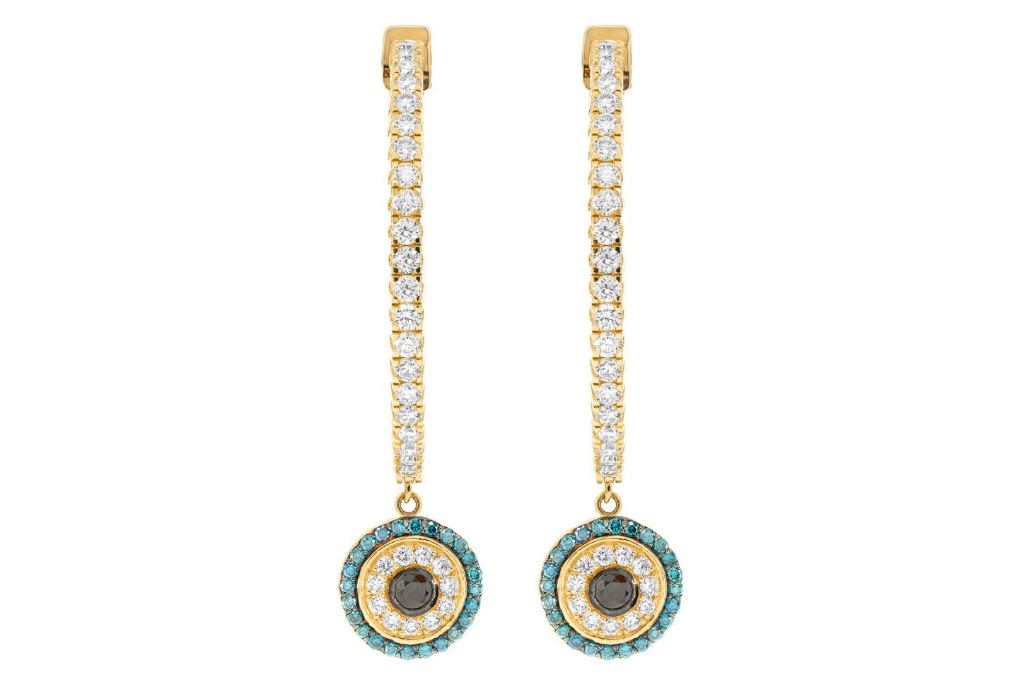 EVIL EYE ROUND DANGLING DIAMOND HOOP EARRINGS 14K SOLID GOLD 2.20CTW