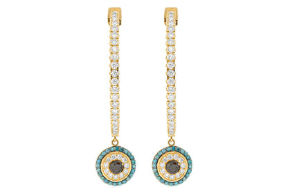 EVIL EYE ROUND DANGLING DIAMOND HOOP EARRINGS 14K SOLID GOLD 2.20CTW