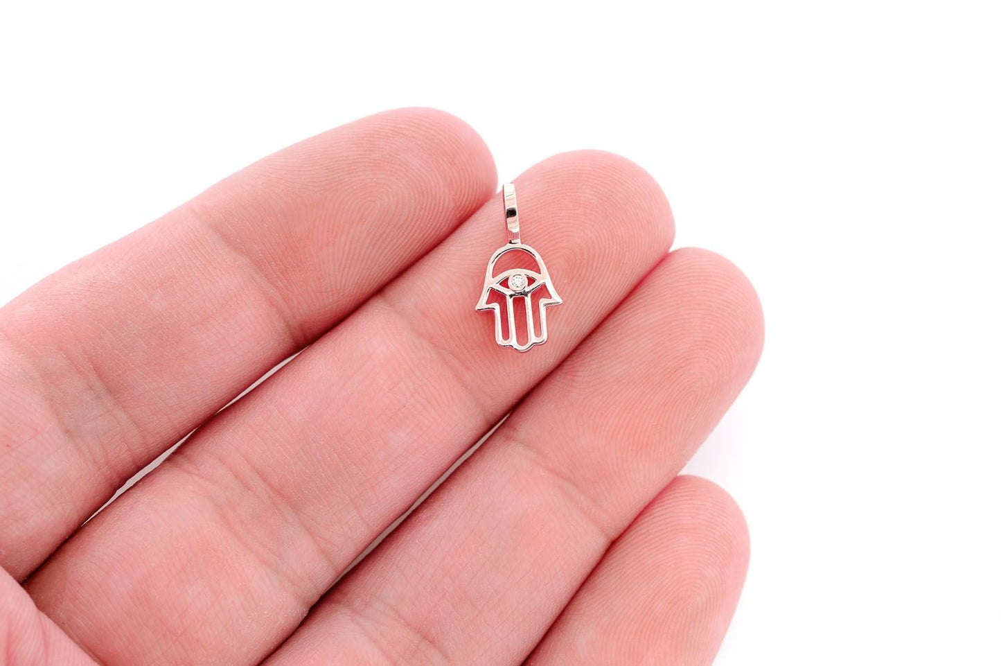 OPEN HAMSA DIAMOND PENDANT 14K SOLID GOLD 0.02CTW