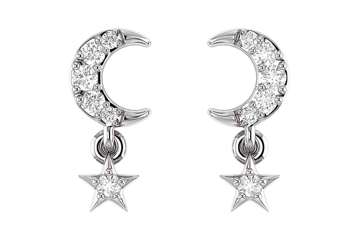 MOON AND STAR DANGLING DIAMOND EARRINGS 14K SOLID GOLD 0.05CTW