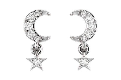MOON AND STAR DANGLING DIAMOND EARRINGS 14K SOLID GOLD 0.05CTW