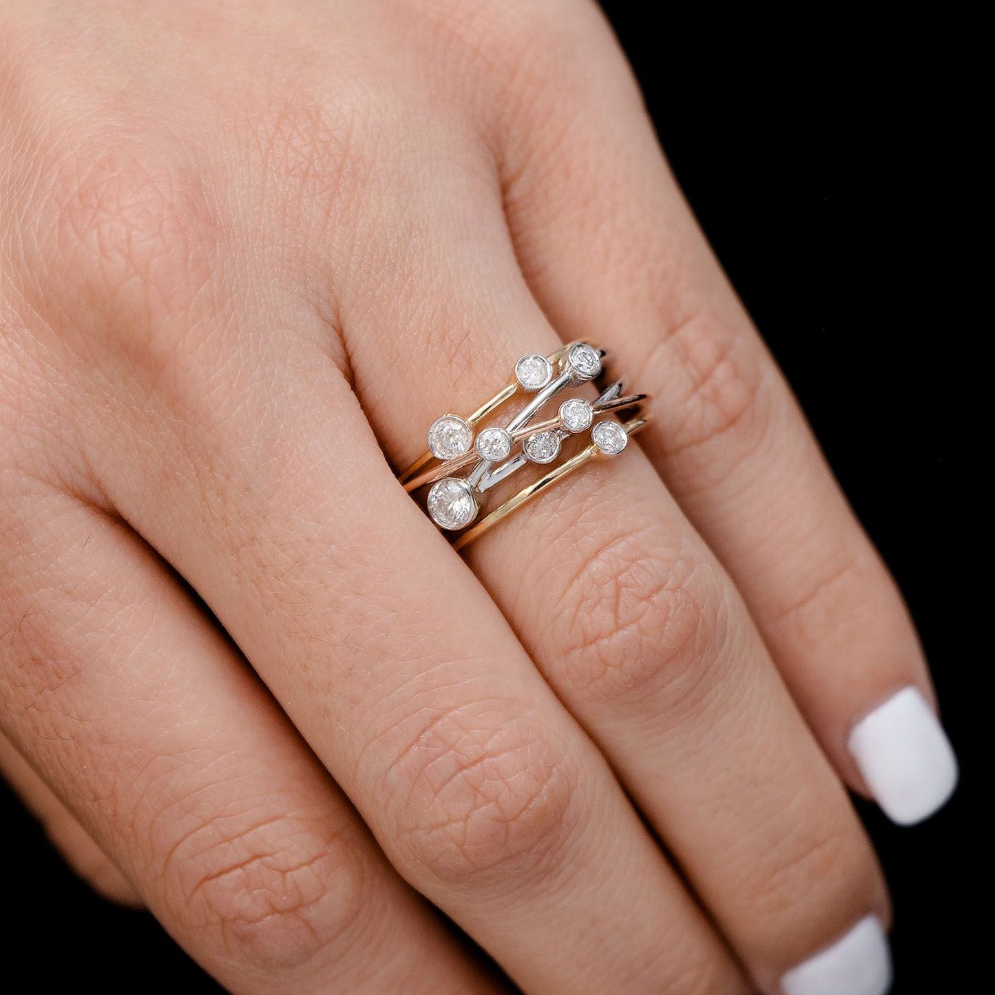 SCATTERED CROSS OVER TRI TONE DIAMOND RING 14K SOLID GOLD 0.50CTW