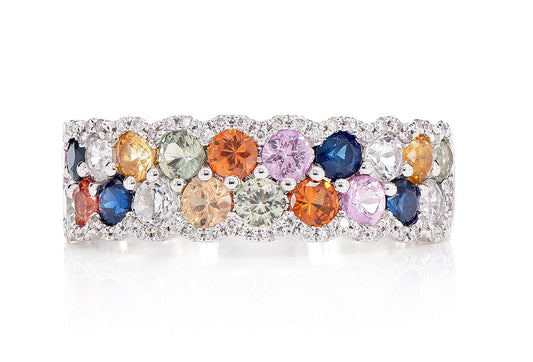 TWO ROW SCALLOP BAND MULTI-COLOR SAPPHIRE RING 14K SOLID GOLD 1.85CTW