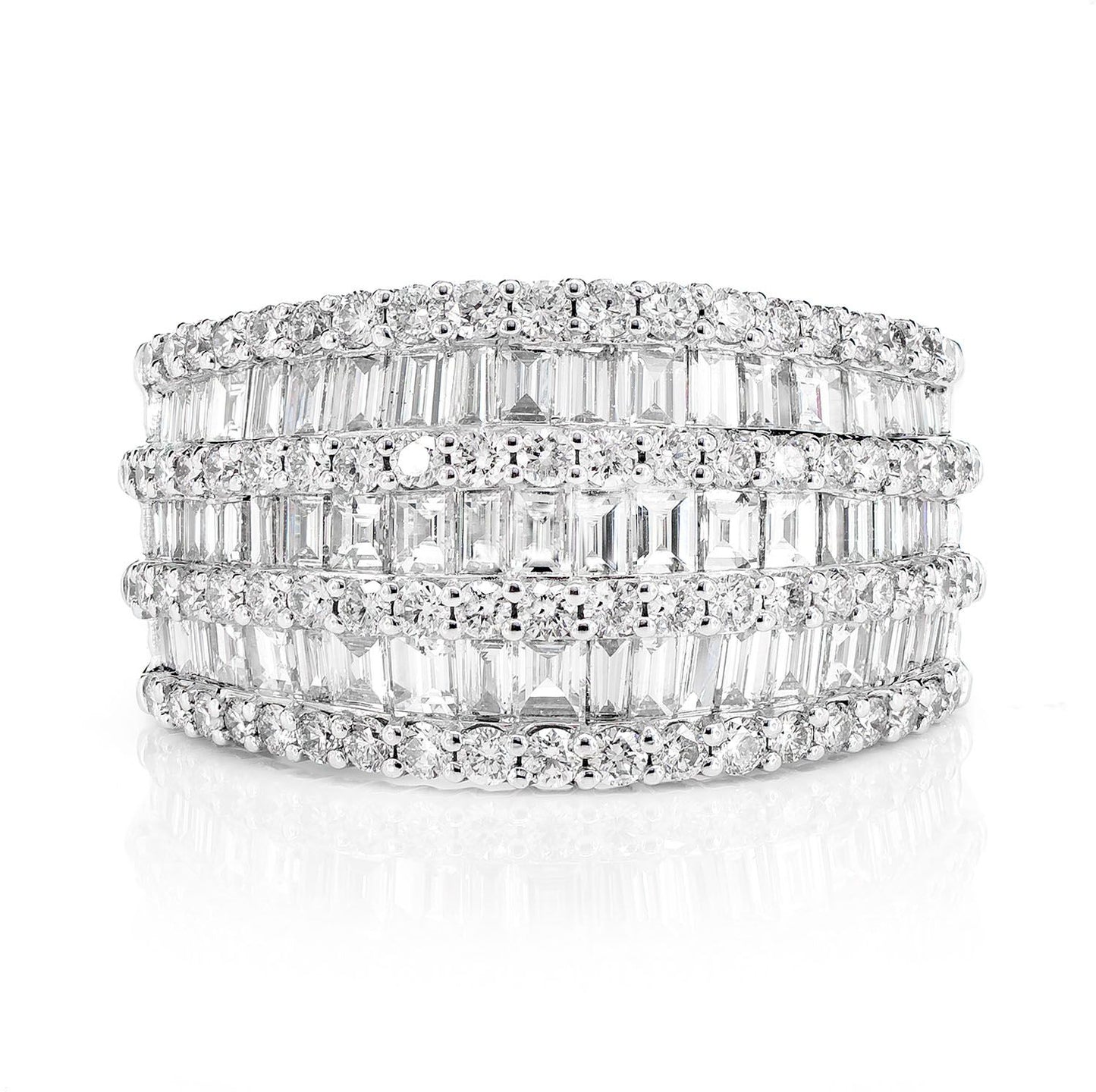 TAPERED THREE ROW BAGUETTE AND ROUND DIAMOND RING 14K SOLID GOLD 2.35CTW