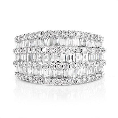 TAPERED THREE ROW BAGUETTE AND ROUND DIAMOND RING 14K SOLID GOLD 2.35CTW