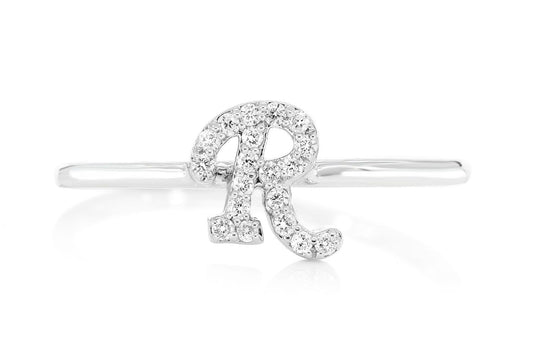 CURSIVE LETTER R DIAMOND RING 14K SOLID GOLD 0.05CTW