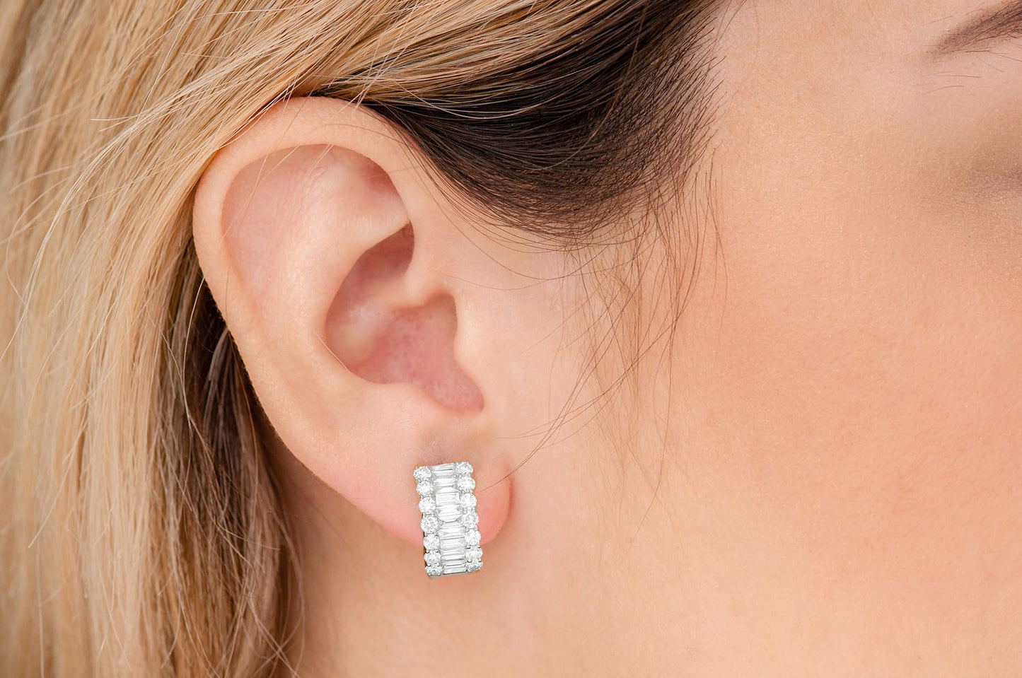 BAGUETTE & ROUND HOOP DIAMOND EARRINGS 14K SOLID GOLD 2.00CTW