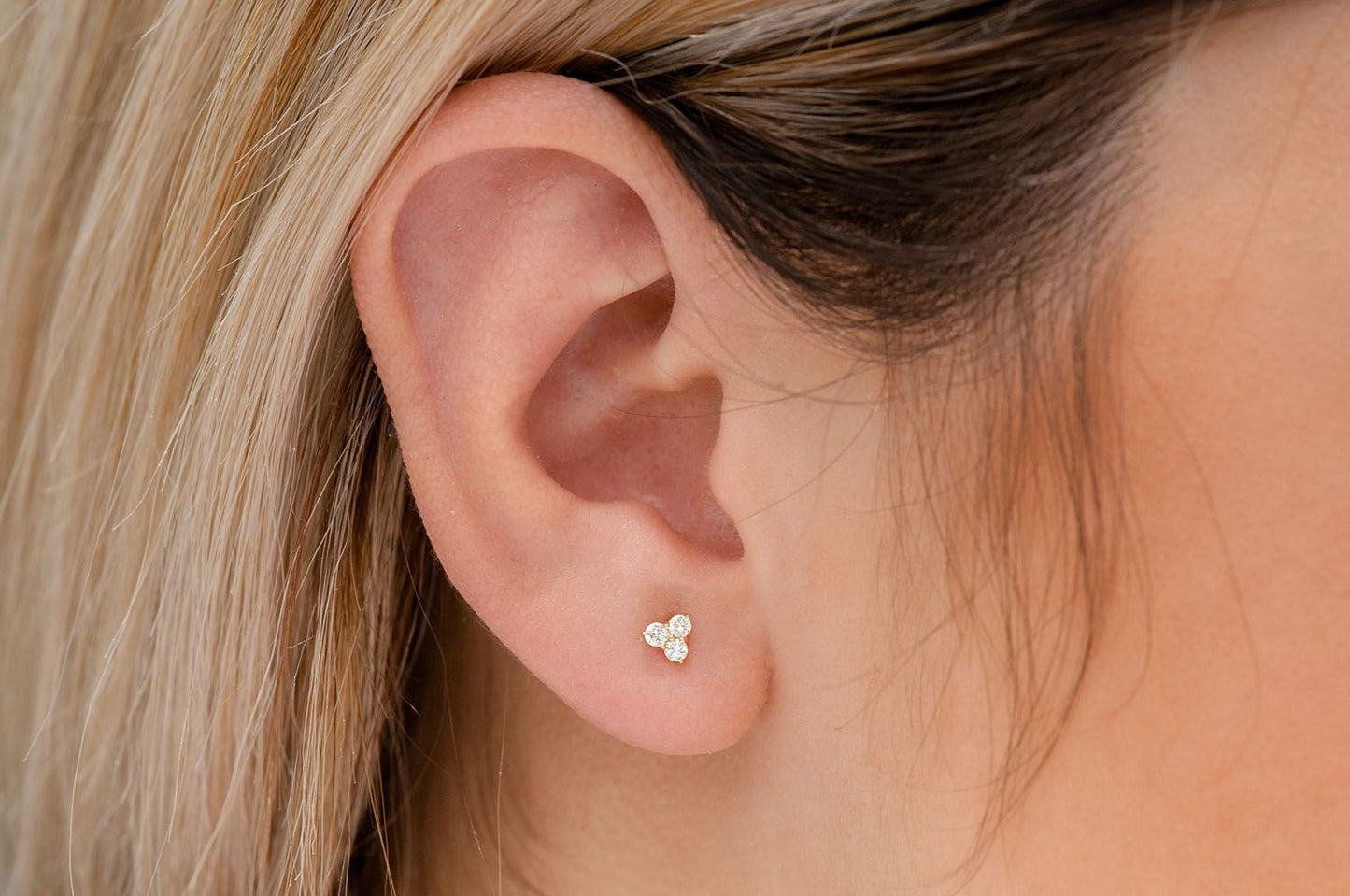 THREE STONE STUD DIAMOND EARRINGS 14K SOLID GOLD 0.20CTW