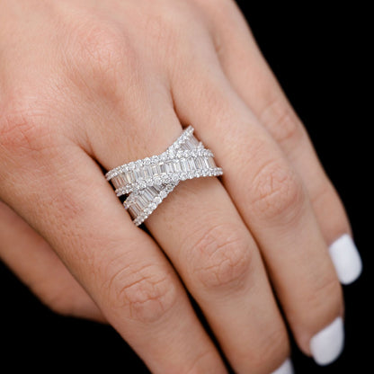 CROSS OVER BAGUETTE AND ROUND DIAMOND RING 14K SOLID GOLD 2.40CTW