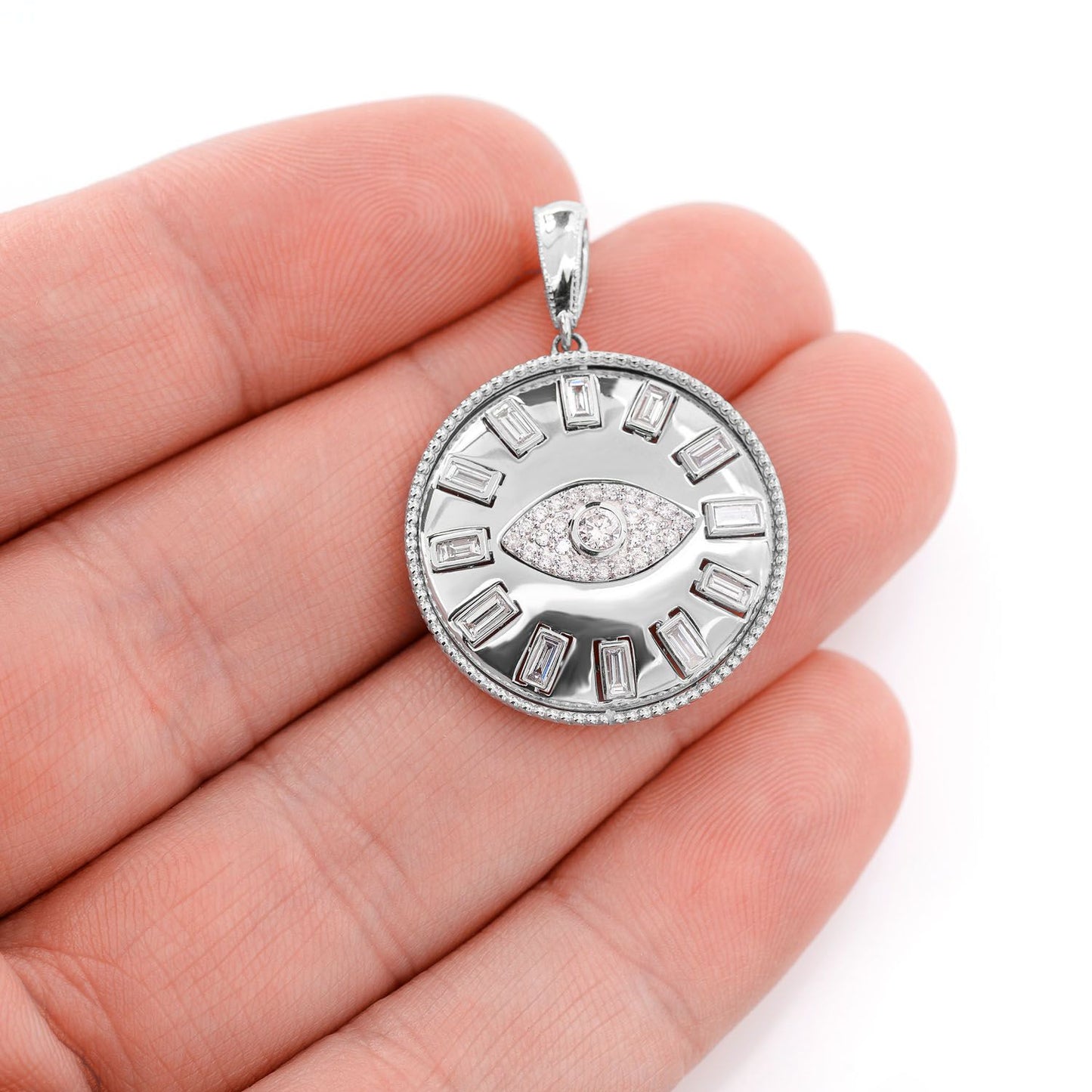 EVIN EYE BAGUETTE DIAMOND MEDALLION PENDANT 14K SOLID GOLD 0.80CTW