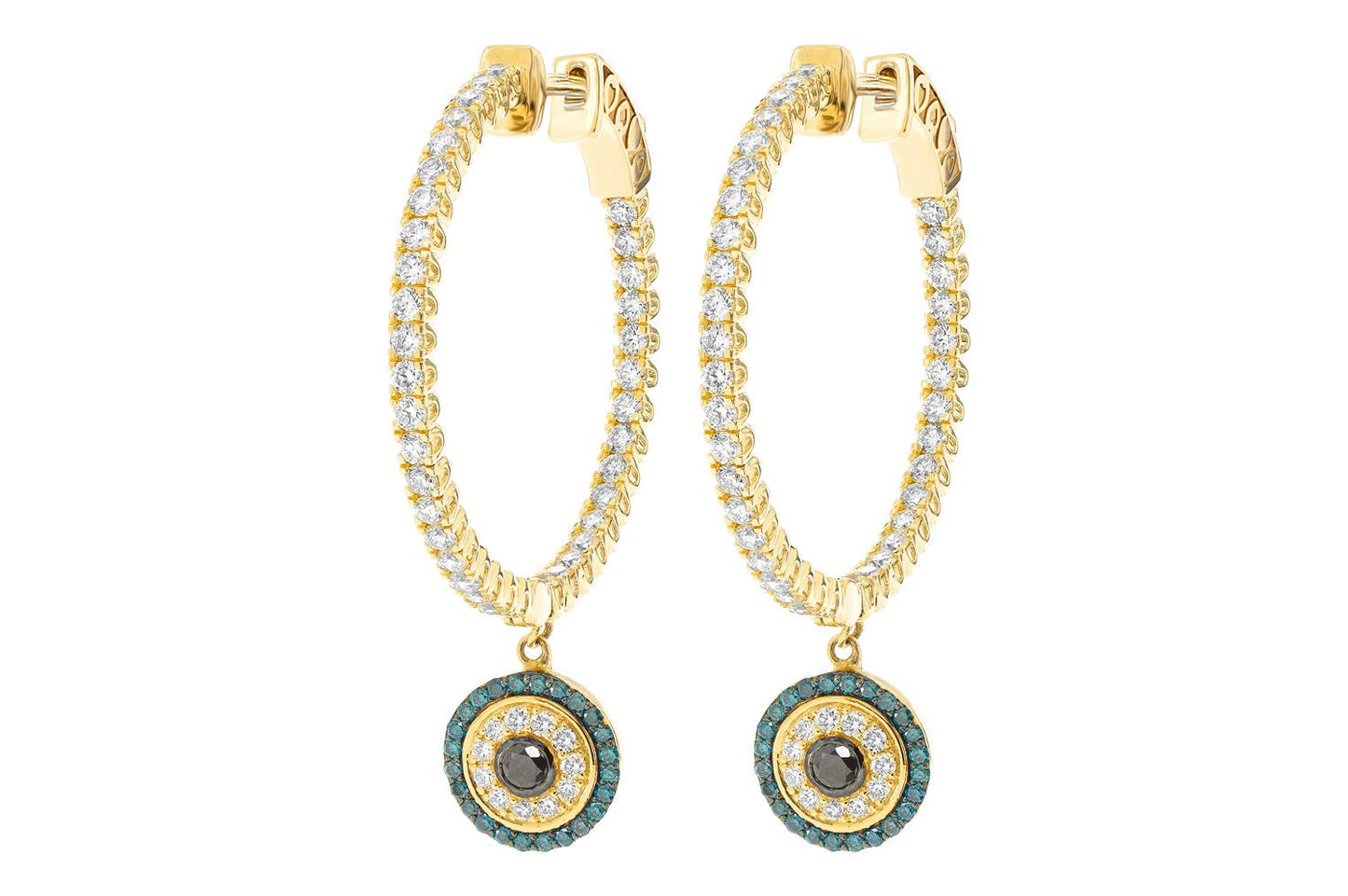 EVIL EYE ROUND DANGLING DIAMOND HOOP EARRINGS 14K SOLID GOLD 2.20CTW