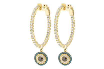EVIL EYE ROUND DANGLING DIAMOND HOOP EARRINGS 14K SOLID GOLD 2.20CTW