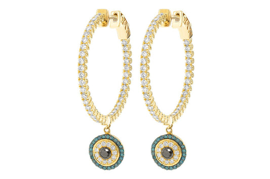 EVIL EYE ROUND DANGLING DIAMOND HOOP EARRINGS 14K SOLID GOLD 2.20CTW