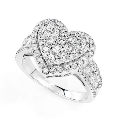 TWO LAYER BAGUETTE AND ROUND DIAMOND HEART RING 14K SOLID GOLD 1.70CTW