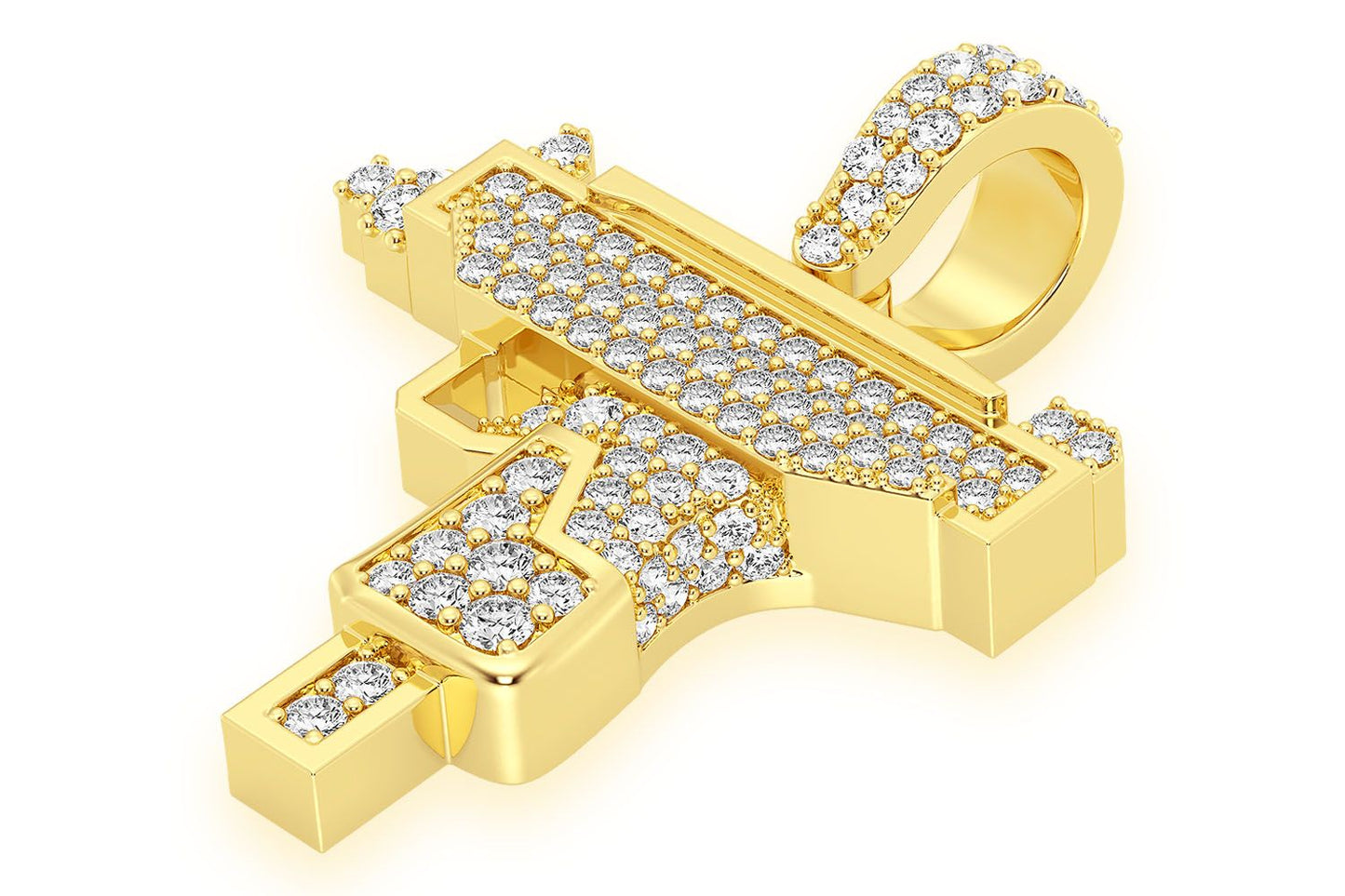 UZI HANDGUN DIAMOND PENDANT 14K SOLID GOLD 0.55CTW