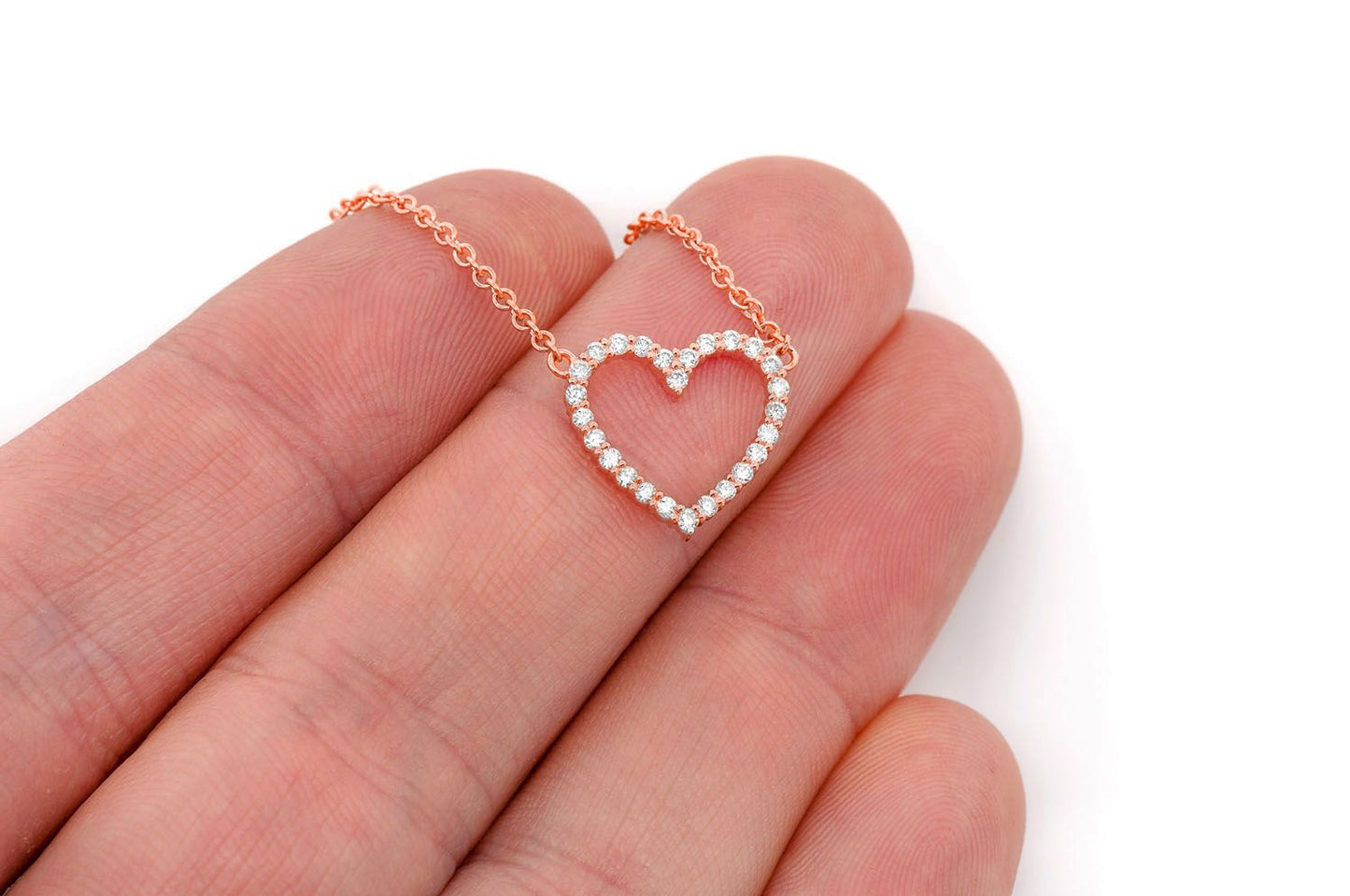 OPEN HEART DIAMOND NECKLACE CONNECTED 14K SOLID GOLD 0.35CTW