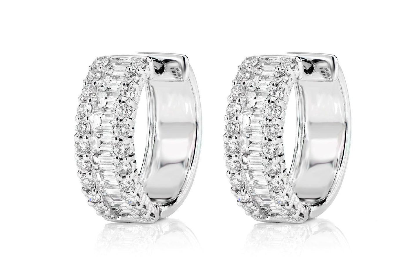 BAGUETTE AND ROUND BORDER DIAMOND HOOP EARRINGS 14K SOLID GOLD