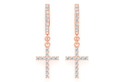 CERCEI CU DIAMANTE, FORMĂ CRUCE, AUR MASIV DE 14K, 0.40CT