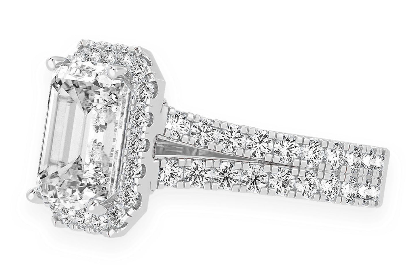 SPHINX - 3.00CT EMERALD SOLITAIRE - SPLIT SHANK HALO - DIAMOND ENGAGEMENT RING