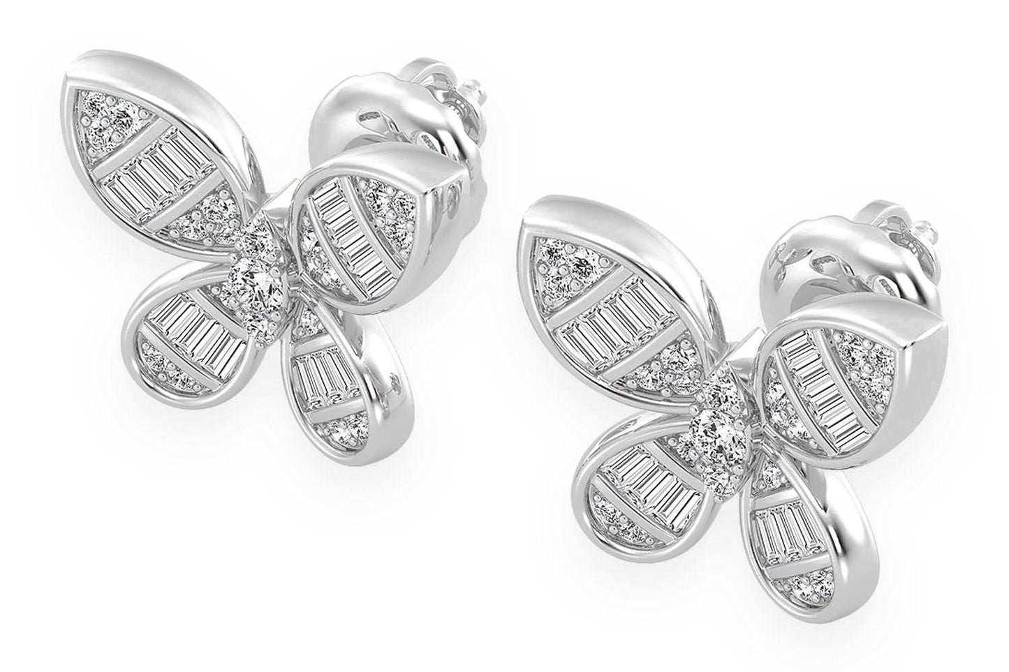 BUTTERFLY BAGUETTE STUD DIAMOND EARRINGS 14K SOLID GOLD 0.65CTW