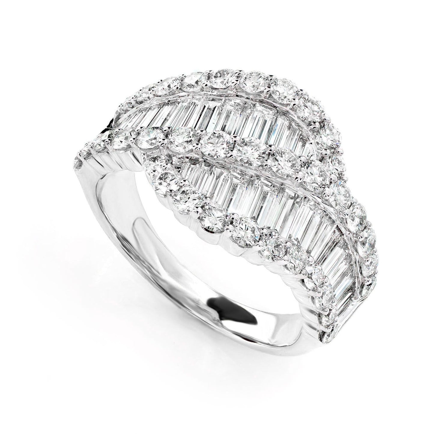 BAGUETTE AND ROUND DIAMOND WAVE RING 14K SOLID GOLD 2.75CTW