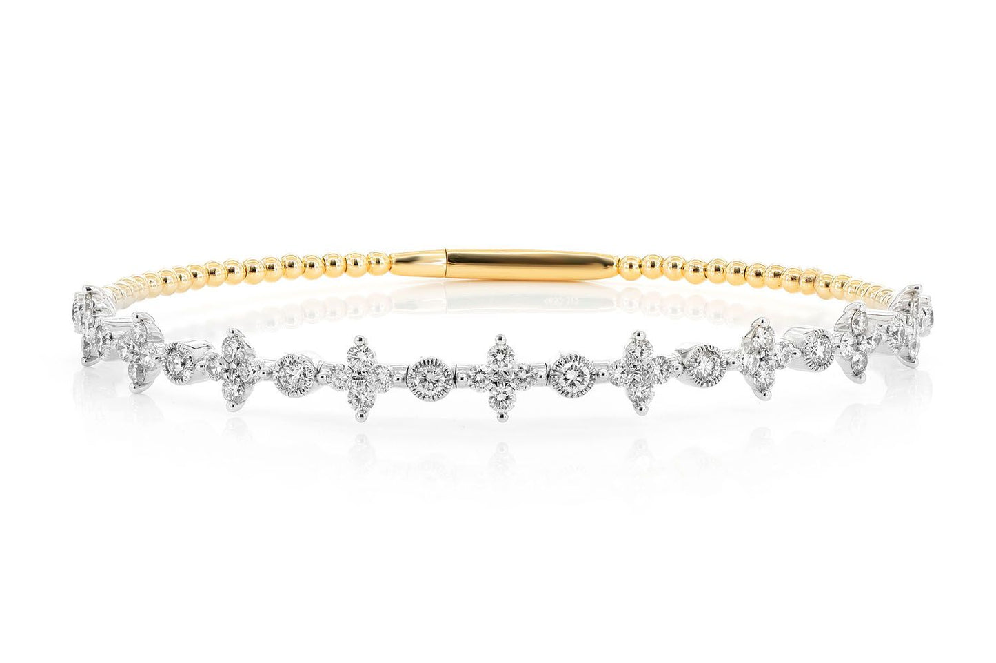 BEADED FOUR PETAL FLEX BANGLE BRACELET 14K SOLID GOLD 1.75CTW