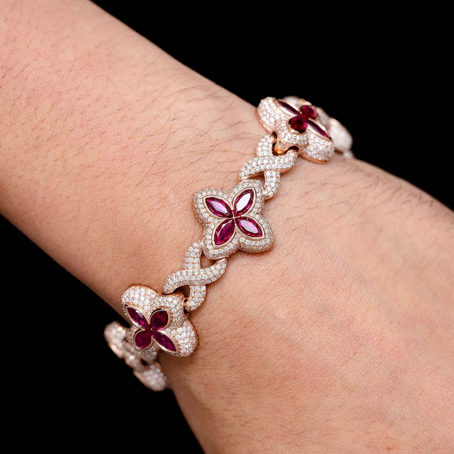 RUBY DIAMOND MARQUISE FLOWER INFINITY LINK BRACELET SOLID GOLD 19.60CTW