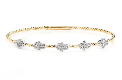 BEADED DIAMOND HAMSA FLEX BANGLE BRACELET 14K SOLID GOLD 0.30CTW