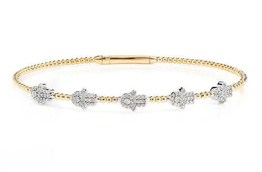 BEADED DIAMOND HAMSA FLEX BANGLE BRACELET 14K SOLID GOLD 0.30CTW