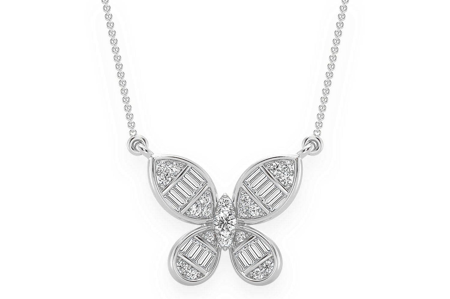 BUTTERFLY BAGUETTE DIAMOND NECKLACE CONNECTED 14K SOLID GOLD 0.33CTW