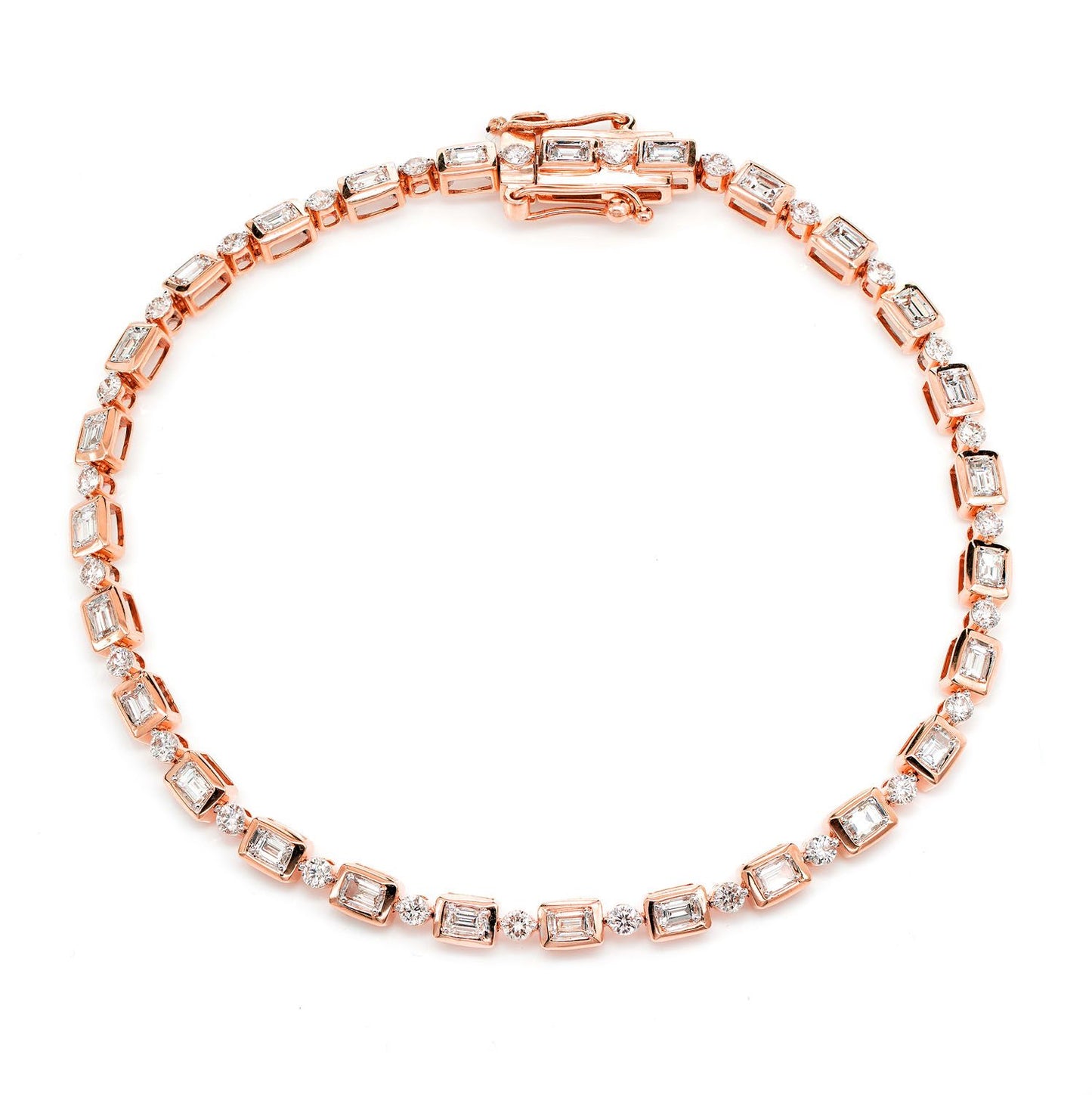 DIAMOND BAGUETTE AND ROUND BEZEL ALTERNATING LINK BRACELET 14K SOLID GOLD 1.20CTW