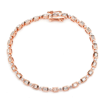 DIAMOND BAGUETTE AND ROUND BEZEL ALTERNATING LINK BRACELET 14K SOLID GOLD 1.20CTW
