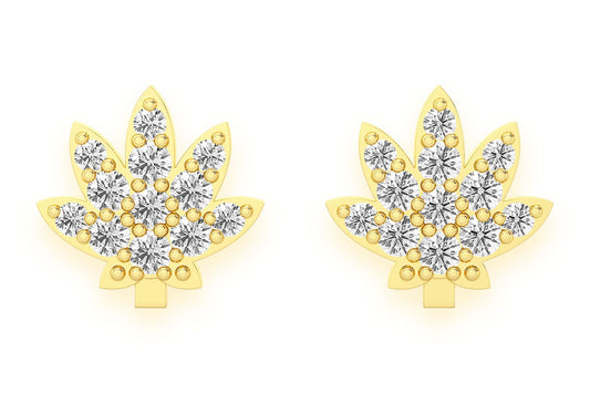 CANNABIS LEAF STUD DIAMOND EARRINGS 14K SOLID GOLD 0.10CTW