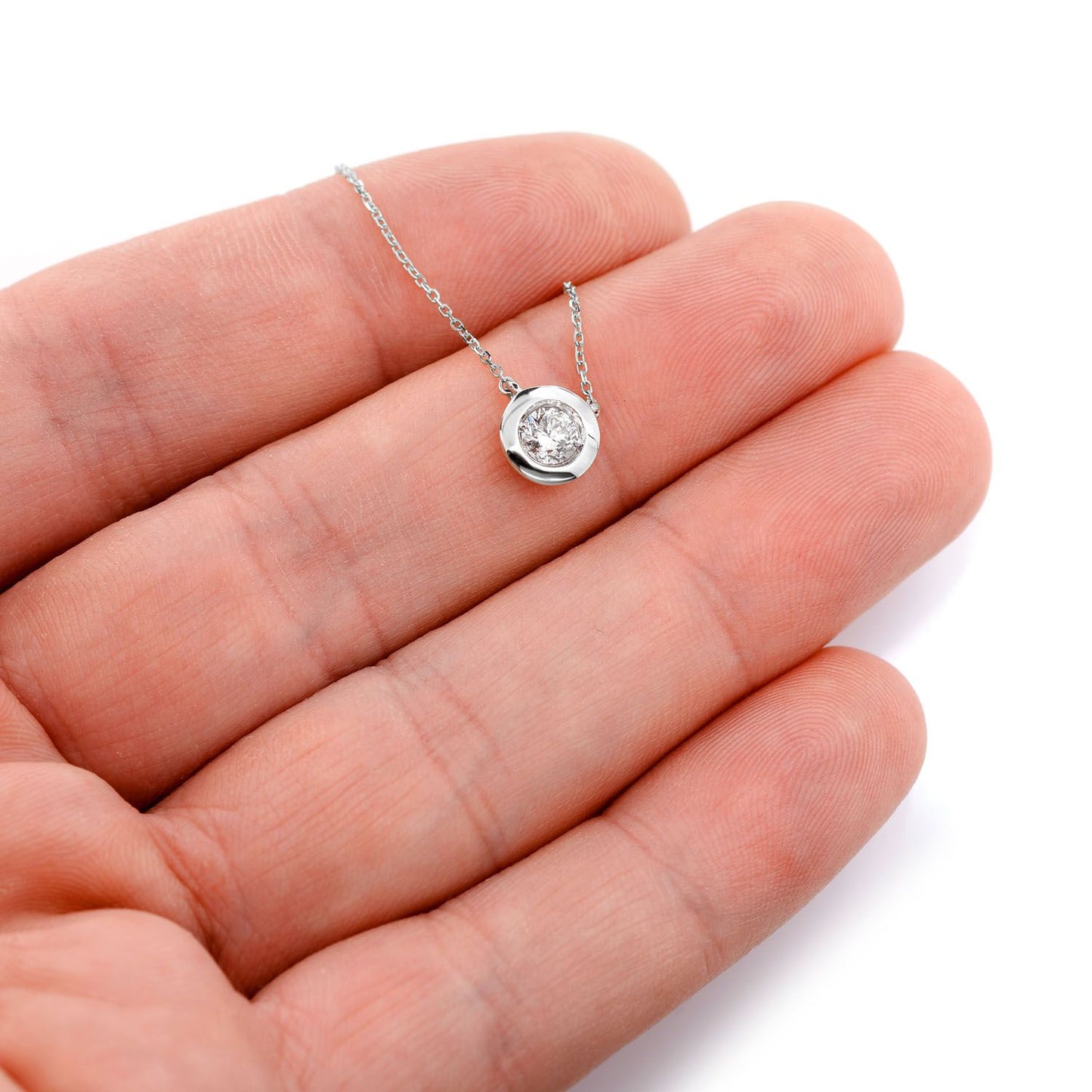SOLITAIRE ROUND BEZEL PENDANT NECKLACE ATTACHED 14K SOLID GOLD 0.40CT