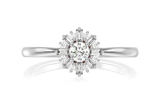 ROUND FLORAL BAGUETTE DIAMOND RING 14K SOLID GOLD 0.35CTW