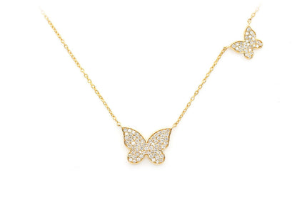 DOUBLE BUTTERFLY DIAMOND NECKLACE ATTACHED 14K SOLID GOLD 0.37CTW